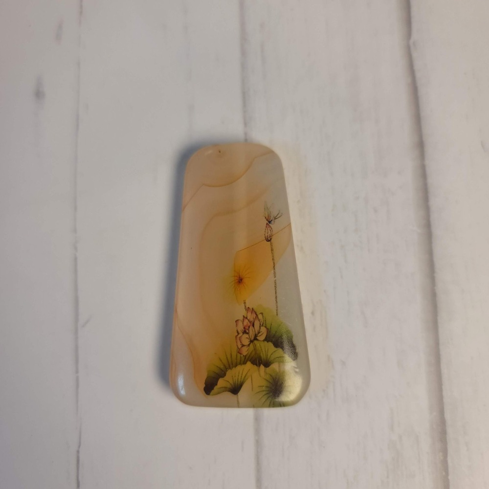 Natural‎ Agate Hand Painted Lotus Butterfly Pendant Stone Cabochon Tan Cream